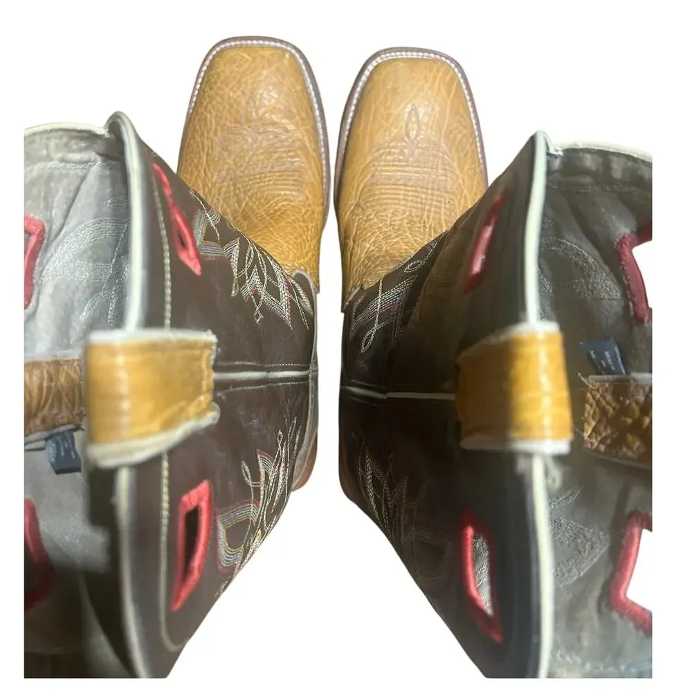 Double H two tone square toe western boots tan leather vamp dark brown shaft 13D